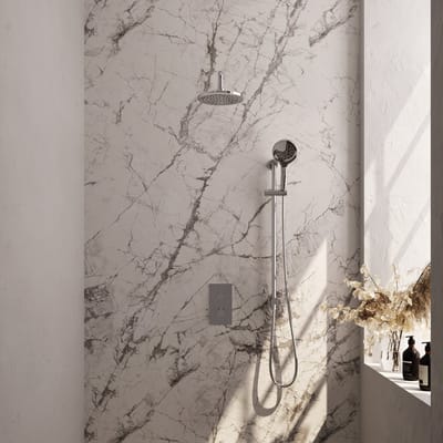 Brauer Chrome Edition thermostatische inbouw regendouche 3-weg omstelling SET 45 met 20 cm douchekop en gebogen muurarm en 3-standen handdouche en doucheslang en geïntegreerde glijstang chroom