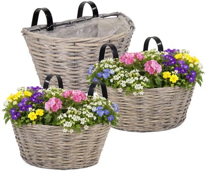 Mega collections Balkon plantenmand - 3x - grijs - wilg - L35 x B20 cm - bloempot/plantenpot
