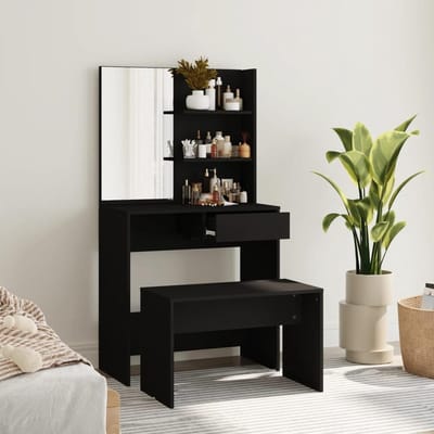 Make-uptafelset met kruk - Kaptafel met spiegel - Schoonheidsverzorging - Veel opbergruimte - 74.5 x 40 x 141 cm - Zwart
