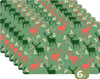 Placemat - Placemats kunststof - Patronen - Christmas - Rendier - 45x30 cm - 6 stuks - Hittebestendig - Anti-Slip - Onderlegger - Afneembaar