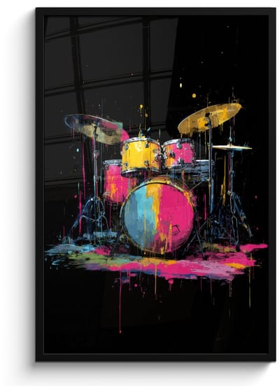 Poster in lijst - Fotolijst 60x90 cm - Posters - Drumstel - Kleurrijk - Verf - Levendig - Posterlijst zwart - Decoratie - Wanddecoratie woonkamer - Muurdecoratie slaapkamer