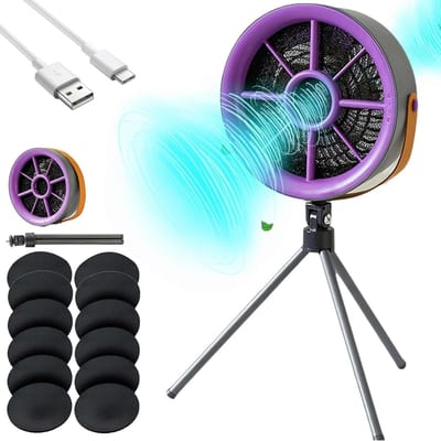 Luchtreinigende ventilator, draagbare ventilator met luchtreiniger voor binnenshuis roken (inclusief 12 filterpads), geschikt om op te hangen of neer te zetten, paars, opladen via Type-C, drie snelheidsstanden