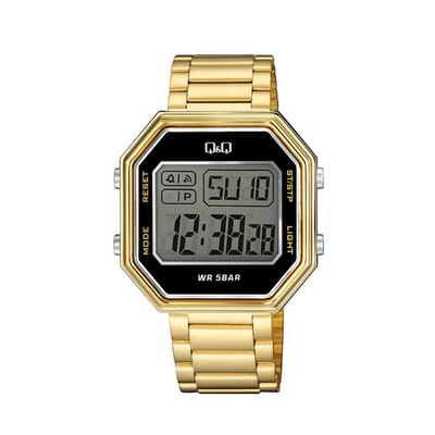 Q&Q M206J007Y - Horloge - Digitaal - Unisex - Stalen band - Achthoek - Metaal - Datumaanduiding - 100 jaar kalender - Stopwatch - Alarm - Tweede tijdzone - Backlight - Goudkleurig - Zwart - Transparant