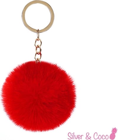 SilverAndCoco® - Faux Fur Bal / Meisjes Sleutelhanger Auto Huis / Key Chain Pom Pom / Sleutel Ring Nep Bol Imitatie Bont / Pluche Fluffy Bolletje / Sleutels Vrouwen - Rood