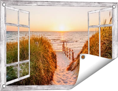 Gards Tuinposter Doorkijk Voetpad in de Duinen met Zonsondergang - 60x40 cm - Tuindoek - Tuindecoratie - Wanddecoratie buiten - Tuinschilderij