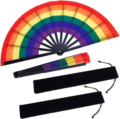 Set van 2 vouwwaaiers 64 cm met kleurrijk regenboogdesign en opbergzakken voor feesten, optredens en buitenactiviteiten