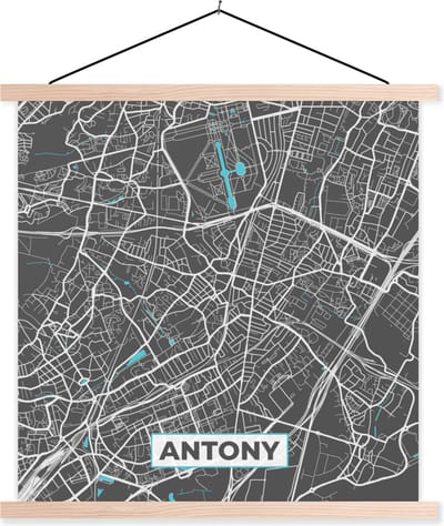 Posterhanger incl. Poster 40x40 cm - Schoolplaat - Antony - Frankrijk - Plattegrond - Stadskaart - Kaart - Textielposter - Blanke latten - Stadskaart