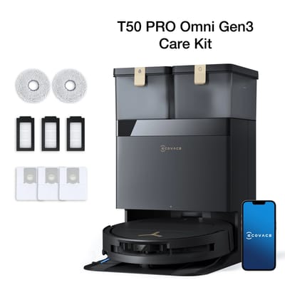 Ecovacs Deebot T50 Pro Omni Gen3 Care Kit Robotstofzuiger Met Dweilfunctie - 25.000Pa - 8.1 cm Ultradun - ZeroTangle 3.0 - TruEdge 2.0 Randreiniging - AIVI 3D 3.0 Obstakelvermijding - 75°C Heetwater - Zwart
