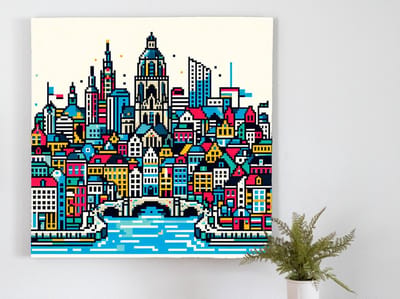 Pixel art groningen schilderij | Groningen in een nieuw pixelachtig perspectief: verweven kunstwerk | Kunst - 100x100 centimeter op Dibond | Foto op Dibond