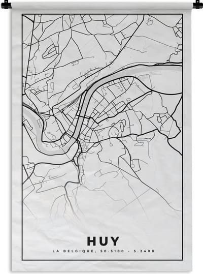Wandkleed - Wanddoek - Stadskaart – Plattegrond – België – Zwart Wit – Huy – Kaart - 120x180 cm - Wandtapijt