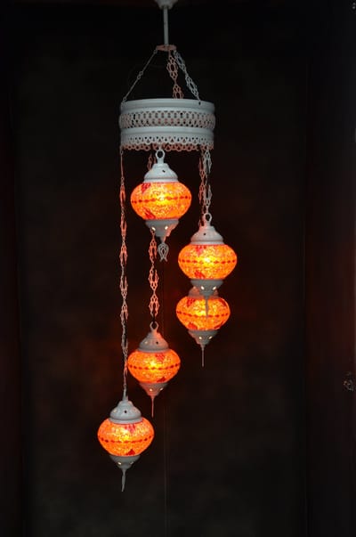 Hanglamp multicolour glas mozaïek oranje rood 5 bollen Turkse Oosterse Crèmewit Marokkaanse kroonluchter