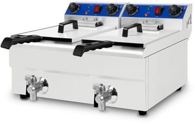 VERTES roestvrijstalen friteuse, 2x 13 liter inhoud, 50-250 °C, 2x 3000 W, 230 V, koudwaterzone-principe, 2 manden, professionele friteuse voor de horeca met aftapkraan, eenvoudig te reinigen, friteuse voor de horeca