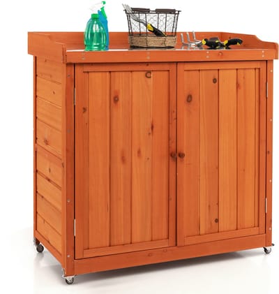 COSTWAY Opbergkast voor Buiten, Houten Tuinhuisje met Verwijderbaar Planken en 4 Universele Wielen, Buiten Werkstation voor Achtertuin, Tuin en Binnen, Natuurlijk