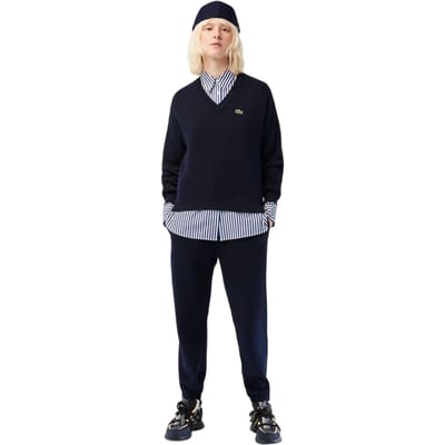 Lacoste Dames Geribbelde V-Hals Regular Trui Top (Marineblauw)