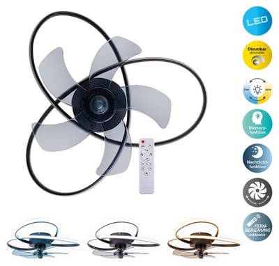 Het moderne LED -plafondlicht "Leccio" inclusief ventilator, nachtlichtfunctie, dim- en lichttemperatuurinstelling is uitgerust met stevig geïnstalleerde LED's en heeft een geschatte Øvon 58 cm.