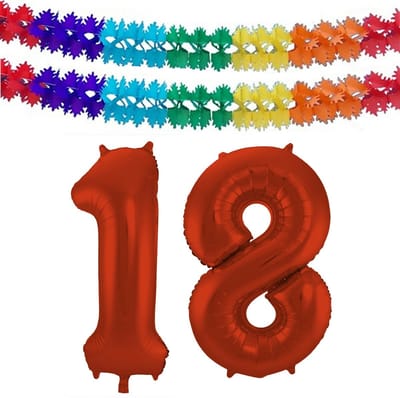 Folat Verjaardag Leeftijd folieballon - 18 jaar - rood - 86 cm - cijferballon groot - incl 2x feestslingers