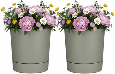 Mica Decorations Bloempot Coco - 2x - met onderschaal - olijfgroen - H40 x D38 cm - kunststof - buiten