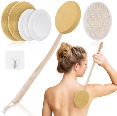 Dailygoods- Rugapplicator 7-in-1 Set - Houten Handvat 36 cm - Lichaamsborstel - Badborstel - Applicatorkoppen - Transparante Haak