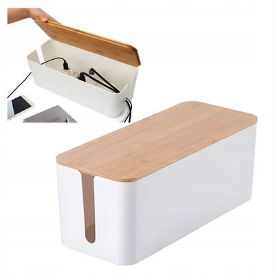 Kabelbox Organizer - Maat M - Wit Bamboe - 32/13.8/13 cm - Stekkerdoos Opbergbox - Voor Kabels & Laders