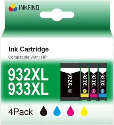 INKFIND 932XL 933XL inktcartridges voor HP 932 HP932 HP933 HP 933 HP932XL HP 932XL HP933XL HP 933XL inktcartridge multipack van 4 stuks (1 x zwart, 1 x cyaan, 1 x magenta en 1 x geel) voor HP OfficeJet 6100, 6600, 6700, 7110,7610, 7612, 8620