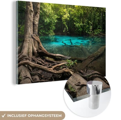 ® Glasschilderij 180x120 cm - Schilderij acrylglas - Knalblauw beekje midden in de regenwouden van Thailand - Foto op glas - Muurdecoratie woonkamer - Wanddecoratie slaapkamer - Schilderijen
