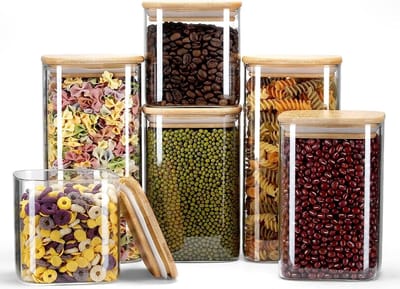 Voorraadpotten met deksel, set van 6, 7500 ml/1150 ml/1500 ml, glazen bakjes, luchtdicht met houten deksel, vaatwasmachinebestendig, voorraadpotten voor pasta, bonen, cornflakes, koffie