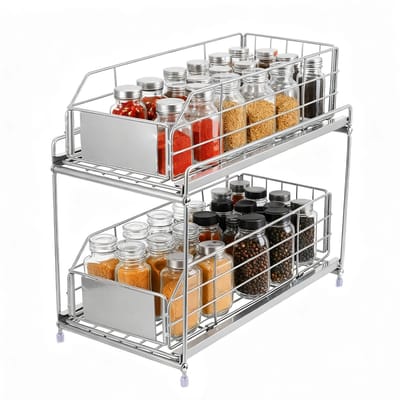 RosaBloom Gootsteenkast Organizer - Uittrekbare Keukenkast Organizer & Kruidenrek - 2 Niveaus - Met Schuiflades - 36x19x32 cm - Zilver