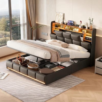 Opbergbed - Tweepersoonsbed - Slaapkamer Organiseren - Geïntegreerd USB - 140 x 200 cm - Zwart