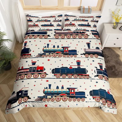 Vintage Stoomtrein Dekbedovertrek Cartoon Klassiek Spoorweg Retro Beddengoed Set Cadeau voor Meisjes Jongens Reis Locomotief Trein Bed Overtrek US Full(200*230cm)3pcs