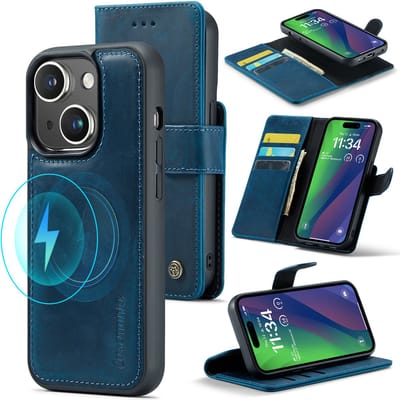 Casemania Echt Leren Hoesje Geschikt voor Apple iPhone 15 Plus - Navy Blue - 2-in-1 Magnetisch Afneembare Book Case - Portemonnee Hoes met Pasjeshouder - Geschikt voor MagSafe