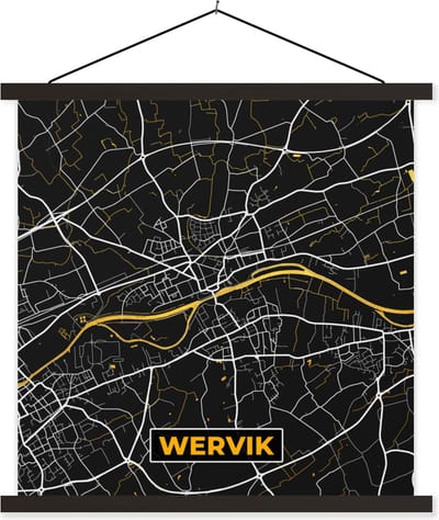 Posterhanger incl. Poster 60x60 cm - Schoolplaat - Plattegrond - Goud - Kaart - Wervik - Stadskaart - Textielposter - Zwarte latten - Stadskaart