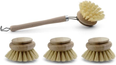 Set van 4 stuks 1x afwasborstel I 3x reservekoppen I synthetische vezel I hout I groot I afwasborstels keukenborstels afwasborstels schrobborstels schoonmaakborstels borstels keuken