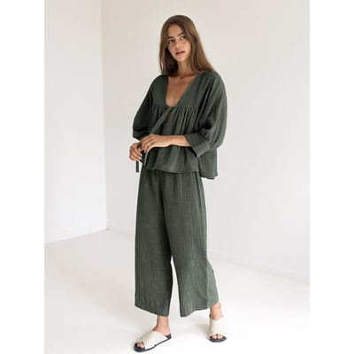 Katoen 2 Delige Sets Dames Nachtkleding Driekwart Mouw V-hals Lace Up Pyjama Losse Broekpakken Vrouwelijke Nachtkleding M
