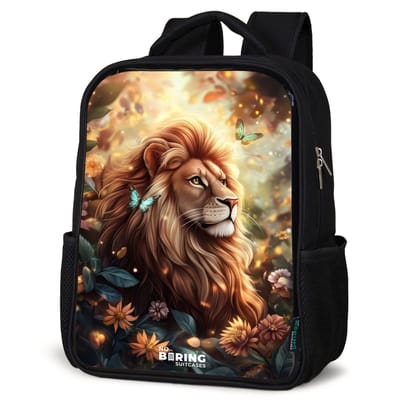 NoBoringSuitcases.com® - Rugzak zwart - Schooltas jongen & meisje - Leeuw met vlinders in bloemrijke jungle - Rugtas voor school - Boekentas kind - Schoolrugzak - Kinderrugzak