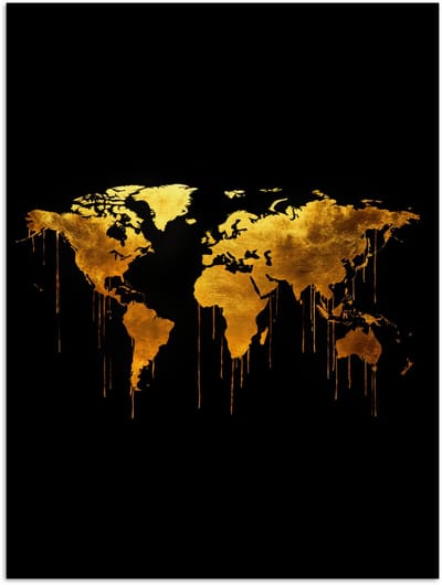 Poster 120x160 cm - Wereldkaart - Goud - Druipen - Zwart - Posters - Kamer decoratie - Wanddecoratie woonkamer - Muurdecoratie slaapkamer XXL