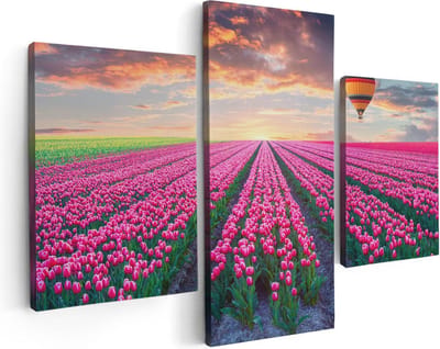Artaza Canvas Schilderij Drieluik Bloemenveld Met Roze Tulpen - Luchtballon - 90x60 - Foto Op Canvas - Canvas Print