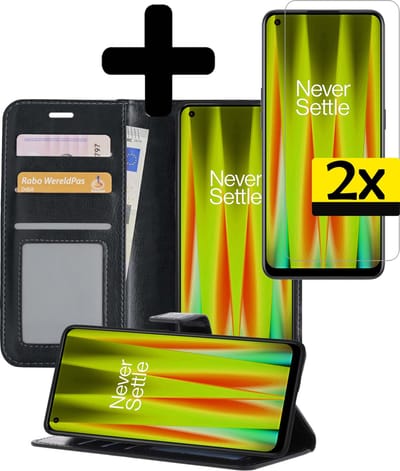 Hoesje - Met 2x Screenprotector - Geschikt voor OnePlus Nord CE 2 - Luxe Pasjeshouder - Bookcase Portemonee - Flip Case - Kunstleer Book Case - Flipcase Hoes - Book Cover - Walletcase - Portemonneehoes - Telefoonhoesjes - Zwart