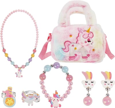 Unicorns handtas voor kinderen, complete sieradenset met ketting, armband en ring voor meisjes, perfect als cadeau voor feesten en speciale gelegenheden (7-delig)