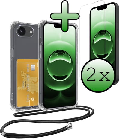 Hoes Geschikt voor iPhone 16e Hoesje Pas Houder Shock Proof Case Hoes Met Koord Met 2x Screenprotector - Hoesje Geschikt voor iPhone 16e Hoes Met Telefoonkoord Pasjeshouder Cover - Transparant