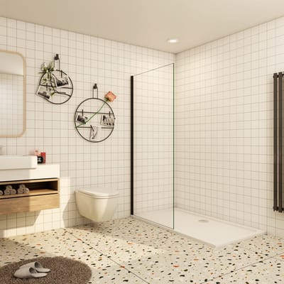 Aica Inloopdouche-douchewand-walk in 30x200 cm, 10mm NANO EasyClean veiligheidsglas,mat zwart aluminium profiel.