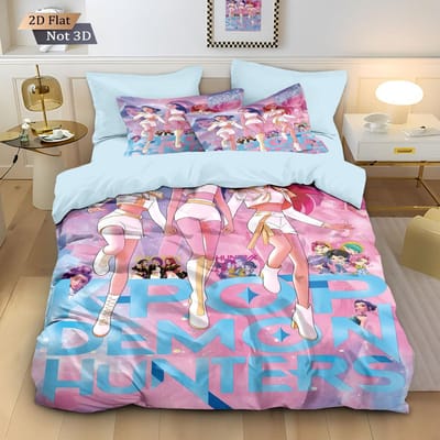3-delige/set K-Pop Beddengoedset Demonenjagers Kleurrijke Print Polyester Studentenslaapzaal Laken Dekbedovertrek Kindercadeau Hometextiel 135x200cm