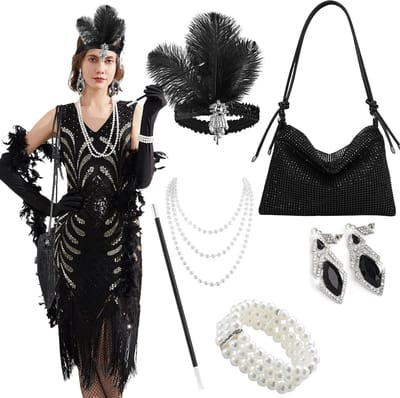 Set van 7 Zwarte Accessoires voor Vrouwen in Great Gatsby Stijl - Flapper Handtas, 1920s Charleston Kostuum voor Carnaval, Prom, Halloween en Oud & Nieuw