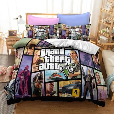 3D Cartoon Game Grand Theft Auto Dekbedovertrek met Kussensloop Beddengoed Set Eenpersoons Tweepersoons Twin Volledig Queen King Bed Set Kamerdecoratie 70x133cm 2pcs gray