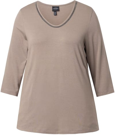 Ulla Popken - Dames - Shirt sierband Classic V-hals 3/4-mouwen - Bleekbruin - Maat 42+