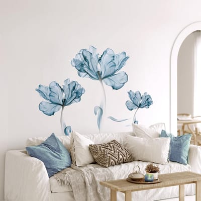 Grote Muurstickers met Blauwe Bloemen - Lotus Bloemen voor Moderne Wanddecoratie in Woonkamer of Kantoor