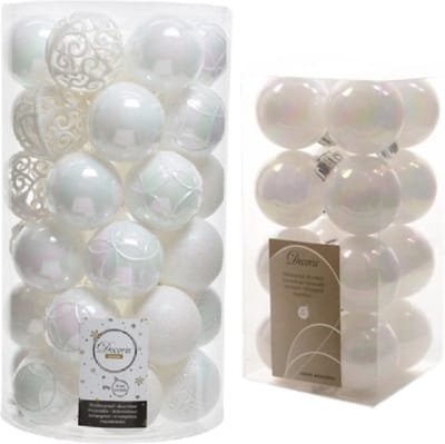 53x stuks kunststof kerstballen parelmoer wit 4 en 6 cm glans/mat/glitter mix - Kerstversiering