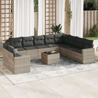 vidaXL - 11-delige - Loungeset - met - kussens - poly - rattan - lichtgrijs