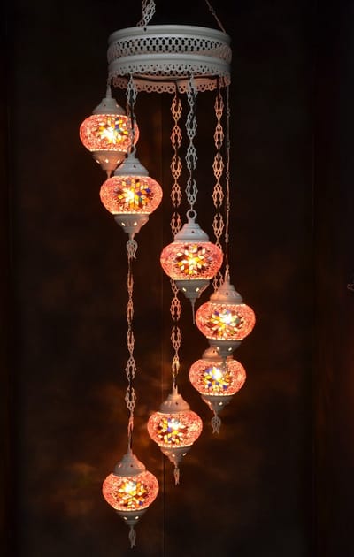 Hanglamp multicolour roze glas mozaïek Oosterse lamp kroonluchter Crèmewit 7 bollen