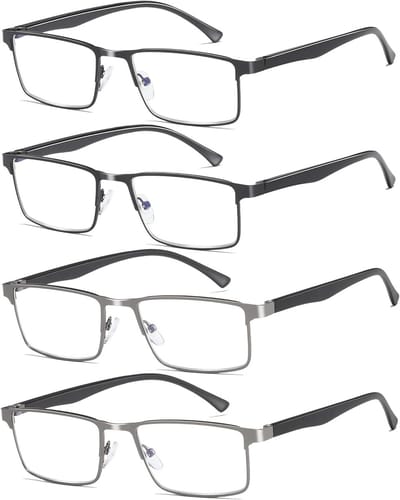 4-Pack Heren Leesbrillen - Lichtgewicht Blauw Licht Blokkerend Metalen Frame