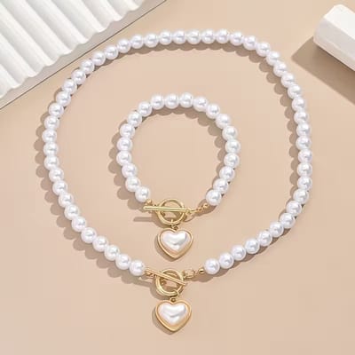My Sweet Romance® Parelset – Goudkleurig – Ketting & Armband met Hart en T-Sluiting.